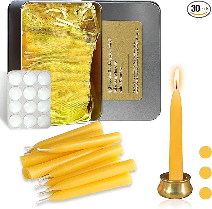 Mini Taper Candle Meditation Candles,20 Minute Prayer Candlestick Dripless Beeswax Candles with Brass Candle Holder for Yoga & Spiritual Rituals (Set of 30)