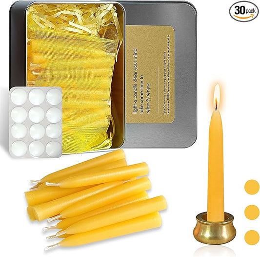 Mini Taper Candle Meditation Candles,20 Minute Prayer Candlestick Dripless Beeswax Candles with Brass Candle Holder for Yoga & Spiritual Rituals (Set of 30)