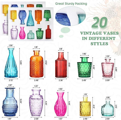 20 Pcs Bud Vases Bulk Colored Small Vintage Glass Vases for Centerpieces Mini Flower Bottles for Wedding Home Table Decoration Floral Arrangements
