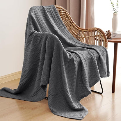 PHF 100% Cotton Muslin Throw Blanket 50" x 60", 4-Layer Lightweight Gauze Throw, Breathable Cloud-Soft Minimalist Blanket for Bed, Couch, Camping & Baby, Greyish Black, Ideal Gift