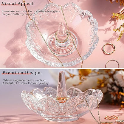 H&D HYALINE & DORA Clear Crystal Ring Holder with Butterfly Pattern, Engagement Glass Ring Dish Jewelry Holder for Rings Earrings Necklace Organizer