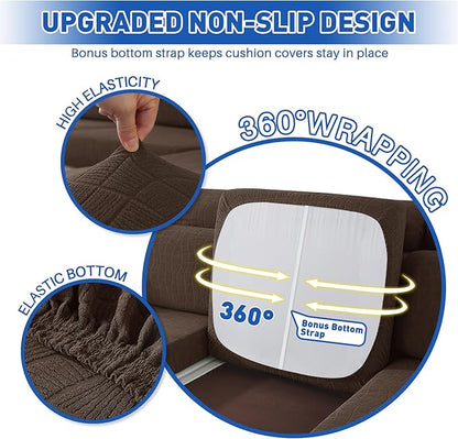 MAXIJIN Waterproof 3 Pieces Couch Cushion Covers for Sectional Sofa Seat Slipcover Stretch Sectional Couch Cover for L Shape Left/Right Chaise with Elastic Bottom (2 Seater + 1 Chaise, Light Coffee)