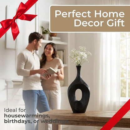 Decorative Flower Vase for Home Decor – Tall Ceramic Vase with Open Cut Design, Stylish Table Centerpiece for Living Room or Entry Display, Modern Accent for Faux Flowers and Greenery – 19", Black