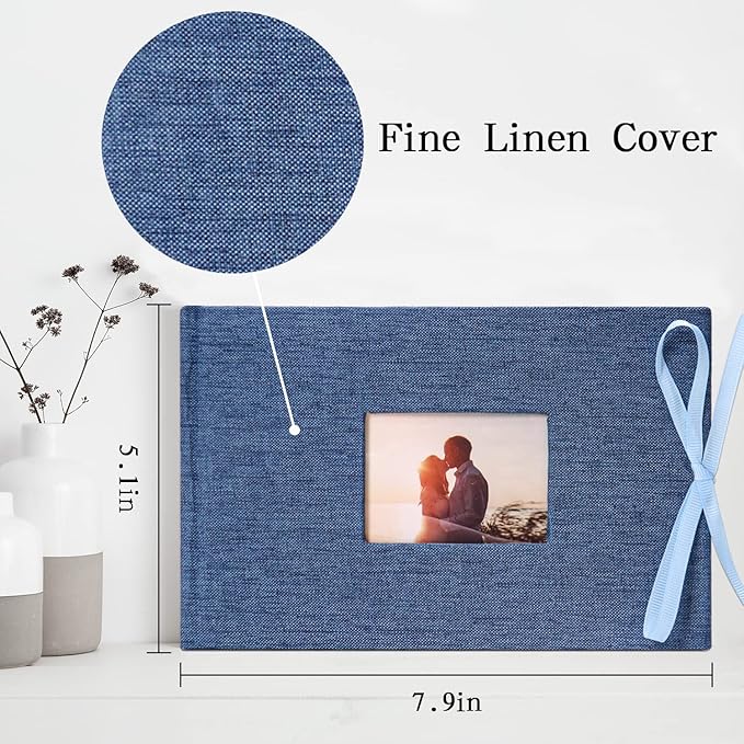 Vienrose Photo Album 4x6 50 Pockets Linen Frame Cover with Memo Areas Photobook Mini Slip-in Picture Book for Wedding Baby Vacation, Lightblue
