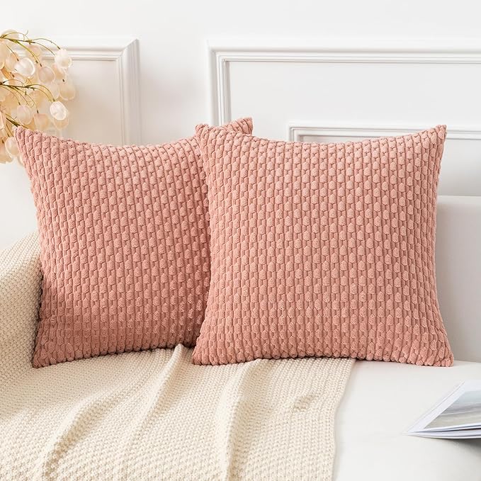 Kevin Textile Throw Pillow Covers Soft Corduroy Decorative Set of 2 Valentines Day Boho Striped Pillow Covers Pillowcases Farmhouse Home Decor for Couch Bed Sofa Living Room 20x20 Inch Baby Pink