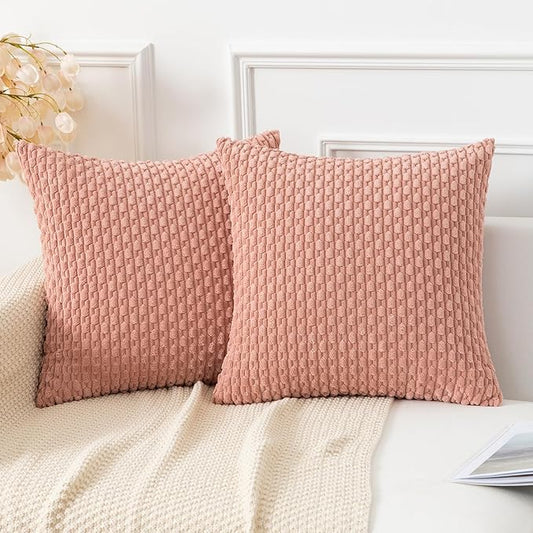 Kevin Textile Throw Pillow Covers Soft Corduroy Decorative Set of 2 Boho Striped Pillow Covers Valentines Day Pillowcases Farmhouse Home Decor for Couch Bed Sofa Living Room 24x24 Inch Baby Pink