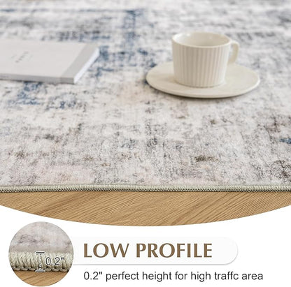 FMFUNCTEX 8x10 Washable Area Rug Brown Blue Neutral Abstract Modern Large Non Slip Carpet for Living Room Bedroom Soft Low Pile Indoor Mat Thin Accent Throw Rug for Dining Room Kitchen Office Nursery