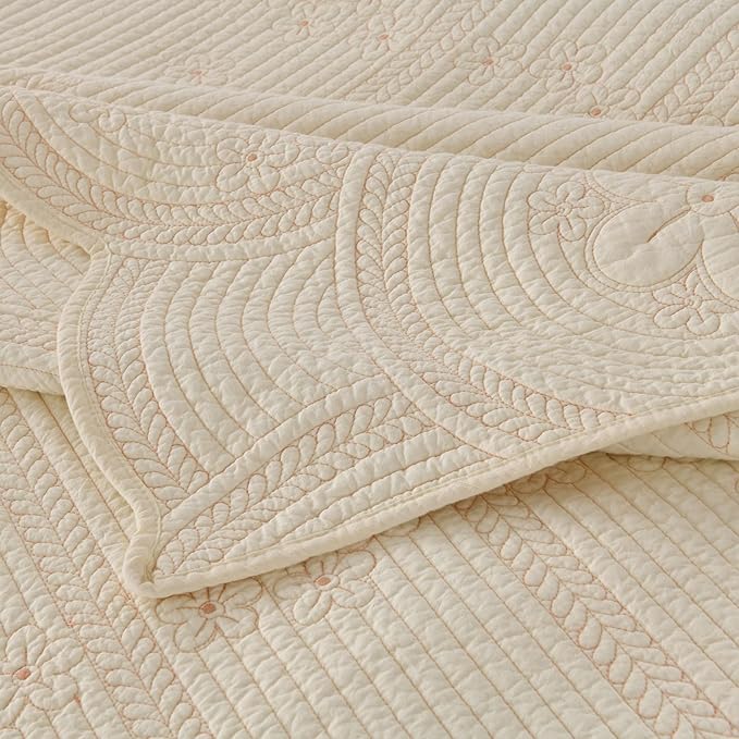 MarCielo 100% Cotton Quilt Set Lightweight Bedspread with Scalloped Edge, Farmhouse Vintage Bedding, All Season Use(Tu Beige,King (114"x102"))