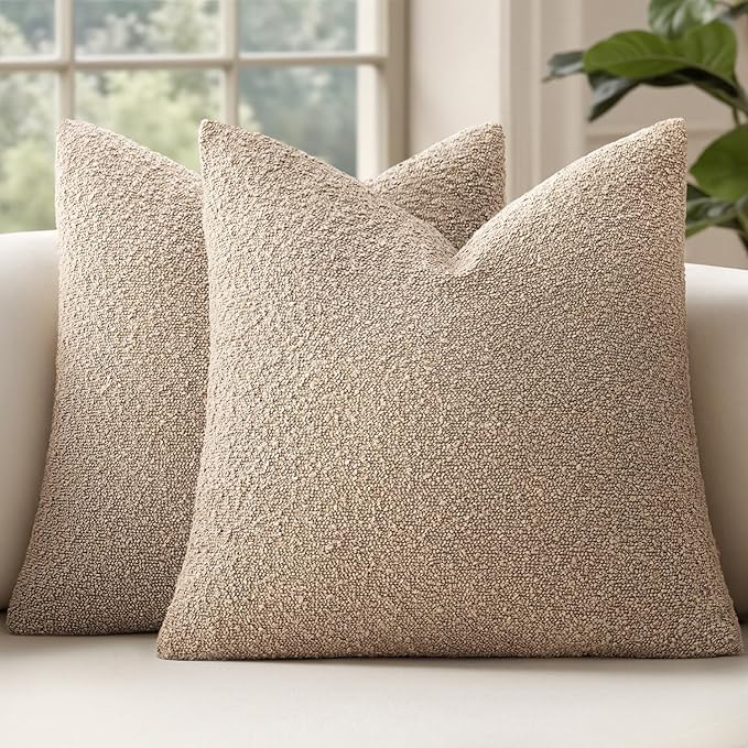 MIULEE 24x24 Decorative Euro Sham Throw Pillows for Bed Set of 2 Textured Boucle Neutral Winter Throw Pillow Covers Khaki Accent Solid Couch Pillowcases Sofa Livingroom Home Decor