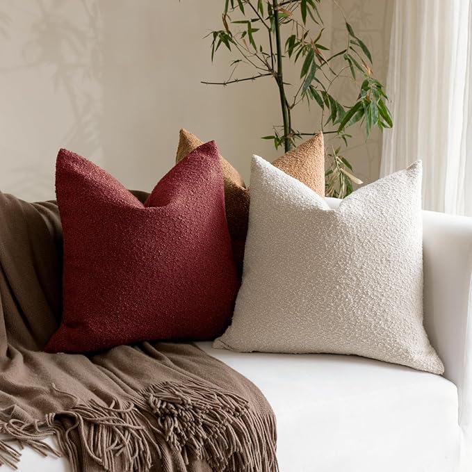 Boucle Decorative Throw Pillow Covers for Couch Set of 2, 18x18 inches, Burgundy