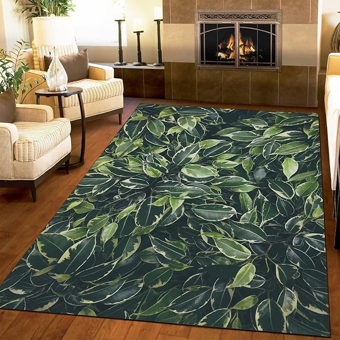 Modern Light Luxury Green Eucalyptus Leaf Area Rug, Nordic Fresh Natural Carpet, Easy Clean Carpet Washable Indoor Non-Slip Rug for Boys and Girls Nursery Bed Living Room Decor,5.3 x 8ft