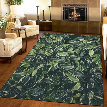 Modern Light Luxury Green Eucalyptus Leaf Area Rug, Nordic Fresh Natural Carpet, Easy Clean Carpet Washable Indoor Non-Slip Rug for Boys and Girls Nursery Bed Living Room Decor,5.3 x 8ft