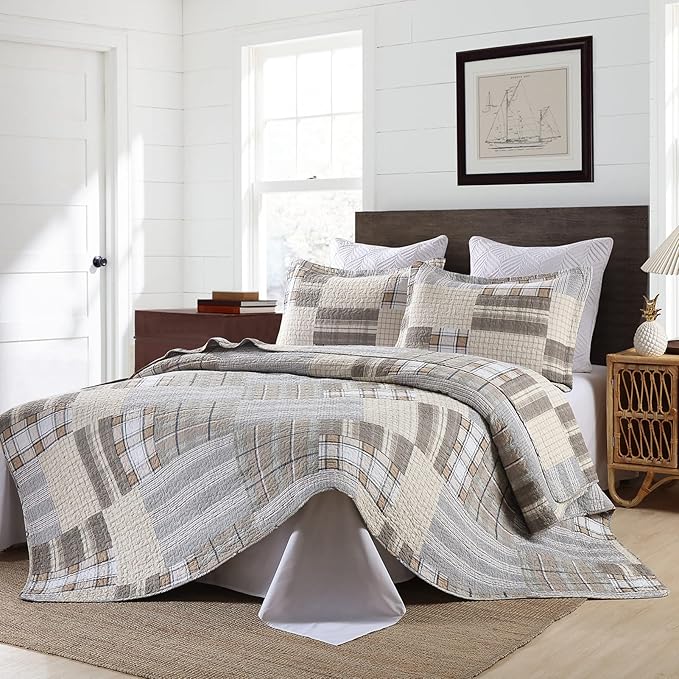 Quilts Queen Size - Queen Quilted Bedspread Sets, 100% Cotton Patchwork Quilt Bedding Set for Queen Bed, 3 Pieces Plaid Farmhouse Reversible Rustic Lightweight Comforter