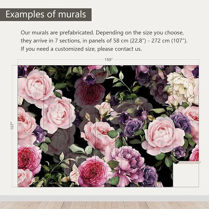 AFZEVEB-Black Watercolor Purple Peony Flower Wallpaper Wall murals for Bedroom 159"x107"(Not Peel and Stick)