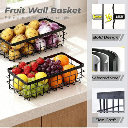 Hanging Wire Storage Baskets, Metal Wall Organizer, Adhesive Wall Storage Shelves for Kitchen, Bathroom Pantry (Spice Rack, Cabinet Organizer, Shower Caddy) Black-2 Packs