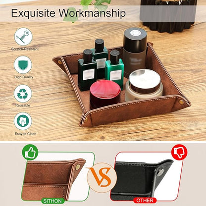 SITHON Valet Tray Desktop Storage Organizer – Premium PU Leather Catchall Bedside Vanity Tray Nightstand Caddy Holder for Remote Controller, Keys, Phone, Wallet, Coin, Jewelry, Brown