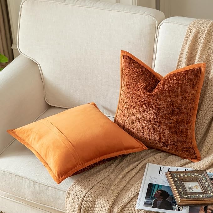 Yaertun Pack of 2 Chenille Textured Decorative Throw Pillow Covers Accent Solid Cushion Cover Soft Cozy Pillow Case with Velvet Back for Couch Sofa Bed Living Room 20x20 Inch Burnt Brick