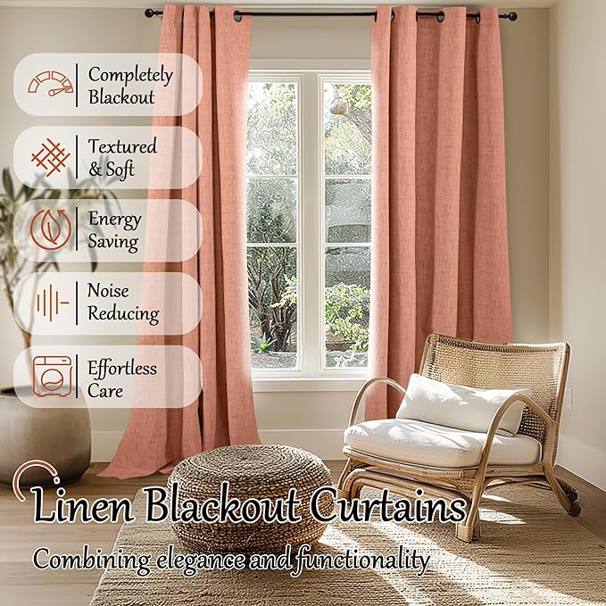 Lajode Linen Blackout Curtains 90 Inch Long, Terracotta Extra Long Curtains for Bedroom Living Room Modern Farmhouse, Thermal Light Blocking Faux Linen Energy Save Drapes Each 52x90 Inch 2 Panels