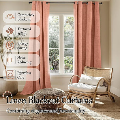 Lajode Terracotta Linen Blackout Curtains for Fall Living Room - 84 Inch Long Total Black Out Curtains for Bedroom, Thermal Insulated Room Darkening Light Blocking Curtains Each 52x84 Inch 2 Panels
