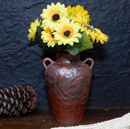 8IN Rustic Farmhouse Ceramic Vase Home Decor, Vintage Stoneware Clay Pottery Terracotta Textured for Modern Farmhouse, Living Room, Office Desk Table Shelf（Brown and Green）