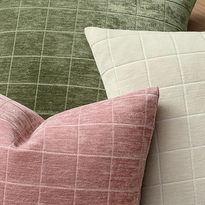 MIULEE Valentines Decorative Chenille Throw Pillow Covers Vintage Plaid Couch Pillows 18x18 Inch Set of 2 Boho Farmhouse Cushion Covers Modern Spring Home Decor for Sofa Bed Living Room Blush Pink
