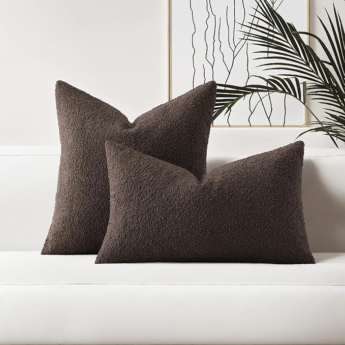 HAUSSY Set of 2 26x26 Decorative Throw Pillow Covers, Soft Cozy Textured Boucle Couch Cases, Home Decor for Couch Bed Living Room, Dark Coffee