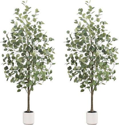 2Packs Faux Eucalyptus Tree 5FT Tall Artificial Eucalyptus Tree Indoor Outdoor, Fake Eucalyptus Plant with Green Silver Dollars Silk Leave, Fake Floor Plants, Present for Friend Housewarming Decor
