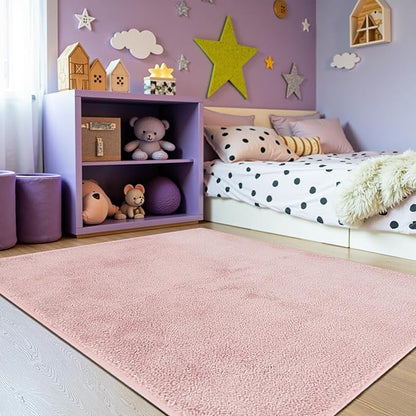 jinchan Solid Plush Area Rug 5x7 Performance Shaggy Washable Rug Indoor Soft Modern Faux Wool Cozy Non Slip Carpet for Living Room Kids Room Bedroom Dining Room Nursery Pink