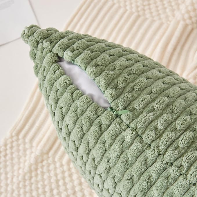Kevin Textile Spring 20x54 Inch Long Body Lumbar 1 Pack Boho Decorative Throw Pillow Cover Soft Striped Corduroy Rectangle Cushion Case Farmhouse Accent for Living Room Couch Sofa Bed, Sage Green