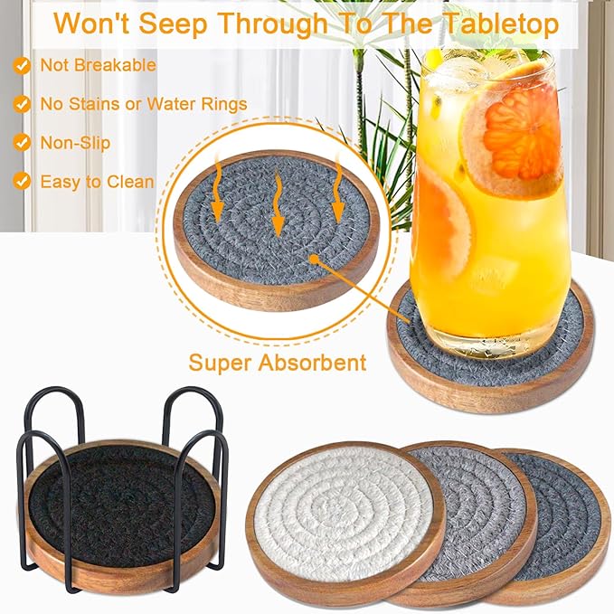 Coasters for Drinks Absorbent Sets of 5, Woven Coasters with Holder, Housewarming Gift for Farmhouse Home Decor, 4 inches (Gray Series)