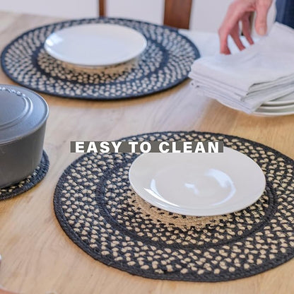 Homespice Manchester Round Braided Placemats, Country Primitive Decor, Set of 2, 15" Black and Tan Jute Table Mats - Vibrant Colors, Durable, Easy to Clean and Protects Furniture