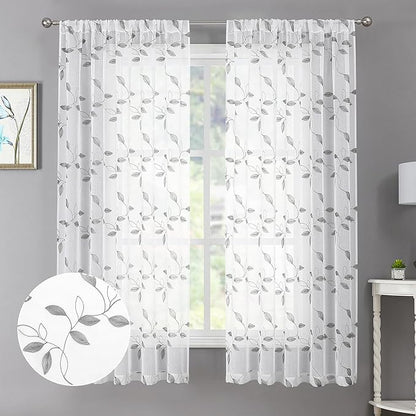 Tollpiz Grey Leaf Sheer Curtain Leaves Embroidered Bedroom Short Curtains Rod Pocket Voile Window Treatments for Living Room, 38 x 45 inches Long, Set of 2 Panels