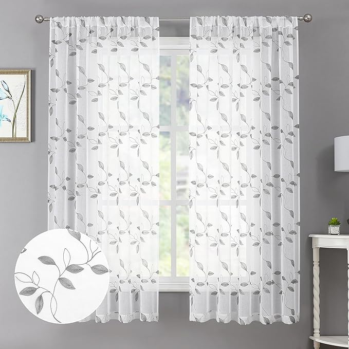 Tollpiz Grey Leaf Sheer Curtain Leaves Embroidered Living Room Short Curtains Rod Pocket Voile Window Treatment for Bedroom, 54 x 54 inches Long, Set of 2 Panels