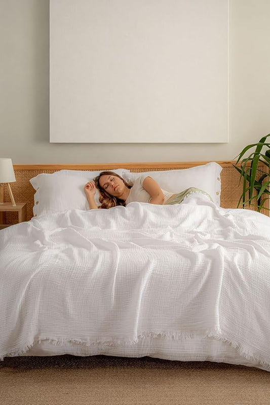Muslin Blanket - Pure 100% Turkish Cotton Airy Soft Light Versatile Gauze Throw Blanket for Bed, Couch, Sofa (White, Queen XL Size (95" x 95" inch))