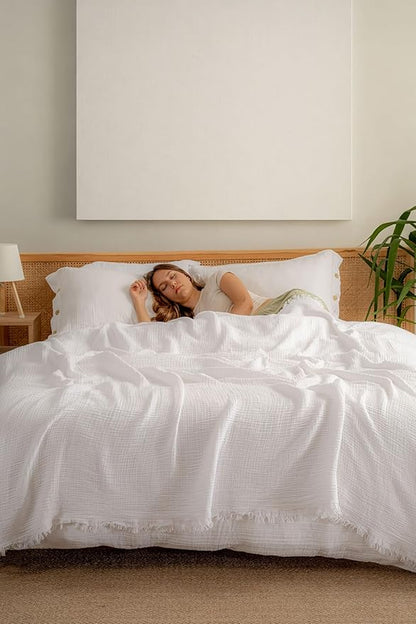 Muslin Blanket - Pure 100% Turkish Cotton Airy Soft Light Versatile Gauze Throw Blanket for Bed, Couch, Sofa (White, California King Size (95" x 125" inch))