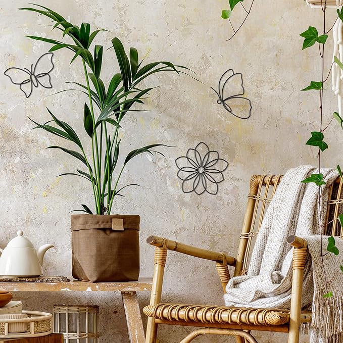 Hotop 6 Pieces Metal Butterfly Wall Decor Metal Wall Art Heart Hanging Decorations Wire Flowers Decals Decor for Kitchen Bathroom Indoor Outdoor Wedding Birthday Party(Stylish,Black)
