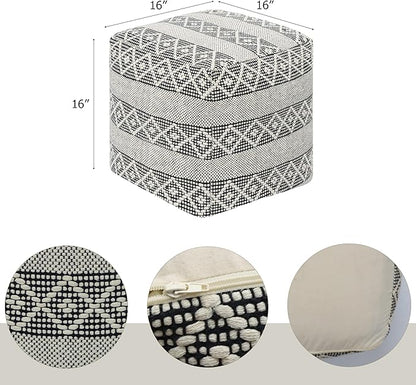 COTTON CRAFT Woven Dhurrie Pouf - Stripe Diamond Pattern Ottoman Footstool Bean Bag - Dorm Bedroom Small Spaces Accent Seating - Prefilled Comfortable Square Pouf Footrest - 16x16 - Ivory Black