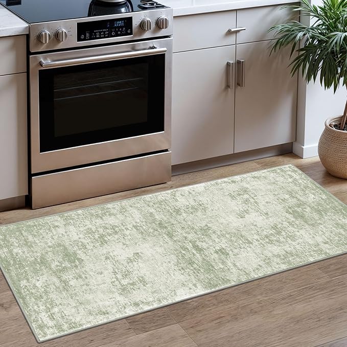 Modern Abstract Runner Rug 2x5 – Sage Green Grey Washable Non-Slip Hallway Kitchen Rug
