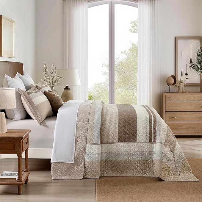 EWlinens 100% Cotton 120"x120" Oversized King Bedspread, Farmhouse Striped Patchwork Oversized King Quilted Bedspreads Coverlet Set, Extra Large Quilt Bed Spread, 3pcs Bed Blanket, Brown/Gray/White