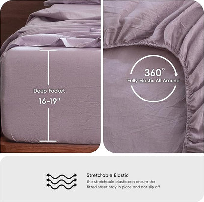 MooMee Bedding Sheet Set 100% Washed Cotton Linen Like Textured Breathable Durable Soft Comfy (Heathered Light Purple, King)