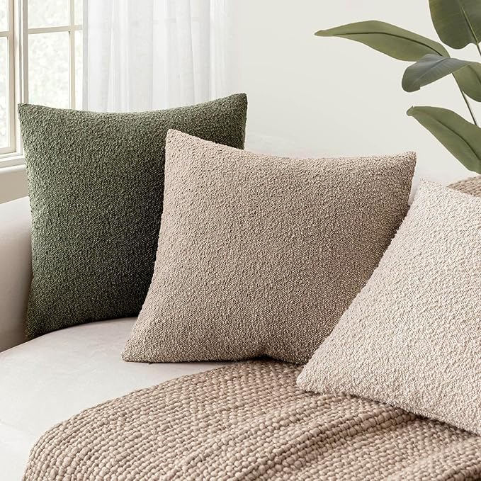 Foindtower Decorative Textured Boucle Throw Pillow Covers Accent Solid Pillow Cases Neutral Soft Cozy Couch Cushion Case for Chair Sofa Bedroom Living Room Home Decor 18x18 Inch,1PC,Light Khaki Tan