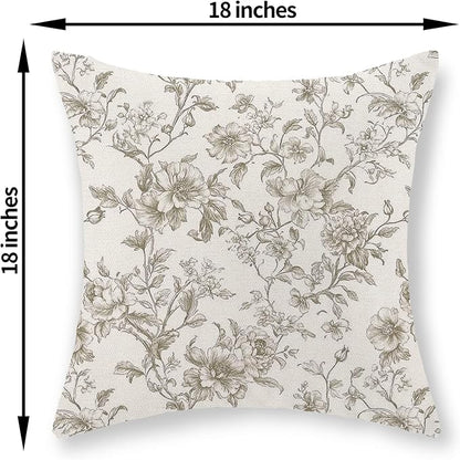 Tan Khaki Pillow Covers 18x18 Set of 2 Vintage Floral Chinoiserie Throw Pillows Rustic Toile Flower Decorative Pillowcase Outdoor Chinoiserie Decor Farmhouse Linen Cushion Case for Couch Sofa