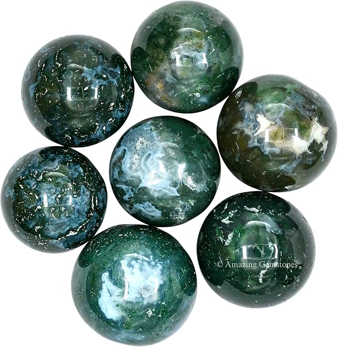 Amazing Gemstone Moss Agate Crystal Ball - 1" Inches Crystal Sphere Meditation Balls for Witchcraft and Decorative Balls - Crystals and Healing Stones Beginners Gift (Pack of 1)