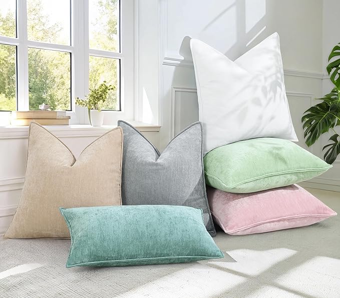 decorUhome Spring Couch Euro Sham Throw Pillow Covers 22x22 Set of 2, Decorative Soft Velvet Neutral Chenille Pillow Covers with Elegant Design for Sofa Bed Living Room Home Decor, Beige