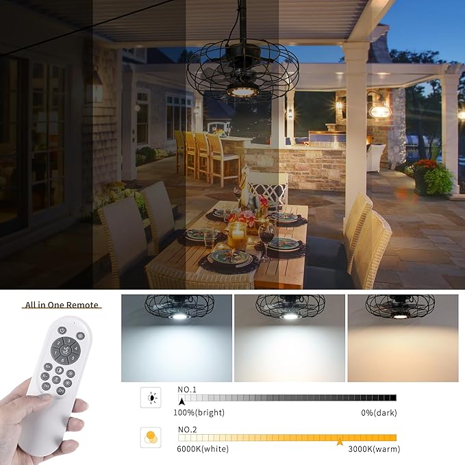 15" Outdoor Ceiling Fan with Light, with Remote and App Remote, IP65 Waterproof Gazebo Hanging Fan, 3CCT Dimmable, Portable Plug in Ceiling Fan with Cord Hook for Patio Porch Pergola (Antique Bronze)