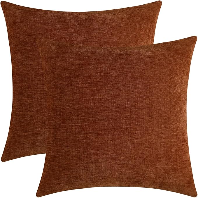 Terracotta Chenille Decorative Couch Throw Pillow Covers, Soft Cushion Cases for Home Livingroom Sofa Décor, Pack of 2, 14 x 14 Inches