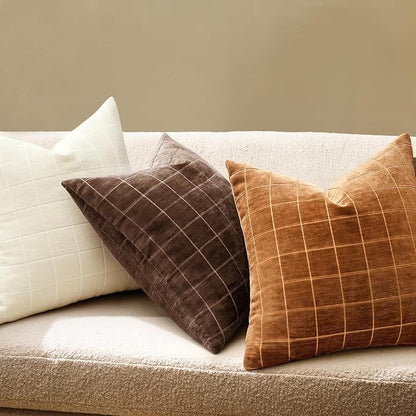 MIULEE Decorative Chenille Check Throw Pillow Covers Vintage Plaid Couch Pillows 18x18 Inch Set of 2 Neutral Boho Farmhouse Cushion Covers Modern Spring Home Decor for Sofa Bed Living Room Bronze