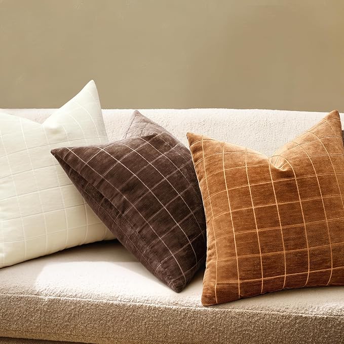 MIULEE Decorative Chenille Check Throw Pillow Covers Vintage Plaid Couch Pillows 20x20 Inch Set of 2 Neutral Boho Farmhouse Cushion Covers Modern Spring Home Decor for Sofa Bed Living Room Bronze
