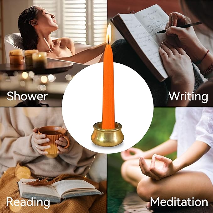 Mini Taper Candle Meditation Candles,Orange 20 Minute Prayer Candlestick Dripless Beeswax Candles with Brass Candle Holder for Yoga & Spiritual Rituals,30-ORA