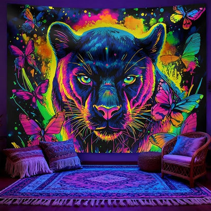 seewan Black Light Black Panther Tapestry, Glow-in-the-Dark UV Neon Butterfly and Black Panther Wall Hanging, Psychedelic Animal Art Tapestry, Bedroom Dorm Living Room Background Decor